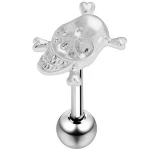 Surgical Steel Straight Bar with 925 Sterling Silver Skull Tongue Ring