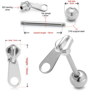 Surgical Steel Straight bar with 925 Sterling Silver Zipper Tongue Ring