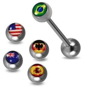 Tongue Barbell with 4 Free Interchange Different Country Flags Logo Ball