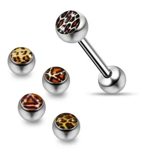 Tongue Barbell with 4 Interchange Leopard Skin Printed Logo Ball