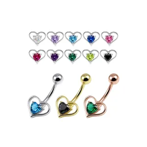925 Sterling Silver Heart CZ Belly Button Ring – 14G | Titanium or Surgical Steel Bar
