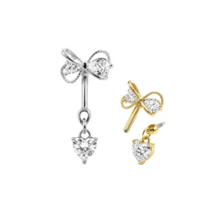 ETP311 bow with dangling heart CZ helix bugadi piercing jewelry in silver and gold showing internal thread mechanism.