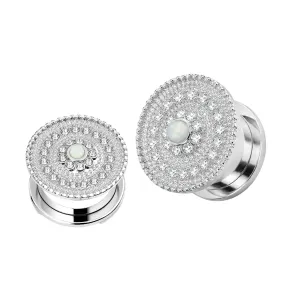 Surgical Steel Micro Jeweled CZ with Center Opal Stone Flesh Tunnel
