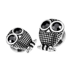 Black CZ Eye Surgical Steel Owl Flesh Tunnel