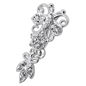 Jeweled Fancy Silver Dangling Belly Ring With SS Banana Bar Body Jewelry