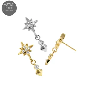 ASTM F-136 Titanium threadless top with North Star CZ and diamond-shaped dangle in Plain and Gold PVD.