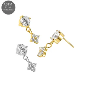 ASTM F-136 Titanium threadless top with 4mm prong-set CZ and dangle flower cluster in Plain and Gold PVD options.