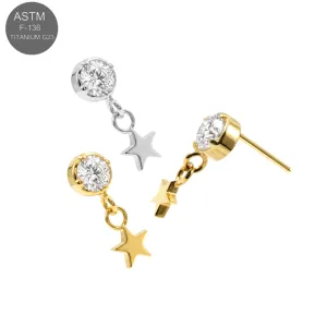 ASTM F-136 Titanium threadless top featuring a 3mm prong-set CZ and a dangle star in both Plain and Gold PVD finishes.