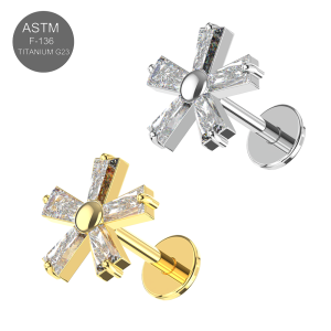G23 Grade Titanium Five Petals Flower Design with CZ Stone Tragus Top Push Fit with Flat Back Labret