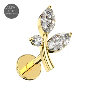 G23 Grade Titanium CZ Stone Leaf Design Tragus Top Push Fit with Flat Back Labret