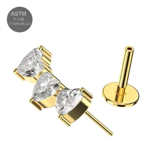 G23 Grade Titanium Triple Heart CZ Stone Tragus Top Push Fit with Flat Back Labret