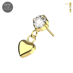 Gold PVD coated ASTM F-136 Titanium threadless top with Round CZ and Heart Dangle, SKU TST164 for B2B jewelry curation.