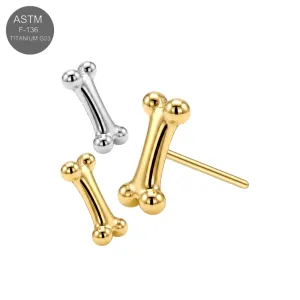Wholesale ASTM F-136 implant grade titanium mini bone bar threadless tops shown in gold and plain titanium color variations with universal 18G and 16G fit.