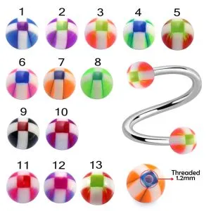 316L Surgical Steel Eyebrow Twisted Barbell With Stripe Checker UV Ball