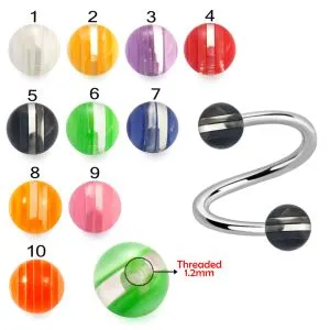 316L Surgical Steel Eyebrow Twisted Barbell With White Faded Stripes UV Balls