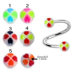 316L Surgical Steel Eyebrow Twisted Barbell With Hand Painted Multi Heart Design UV Balls