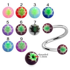 316L Surgical Steel Eyebrow Twisted Barbell With Centered Leaf Design UV Balls