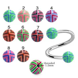 316L Surgical Steel Eyebrow Twisted Barbell With Hand Painted Multi Stripes UV Balls