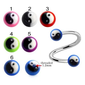 316L Surgical Steel Eyebrow Twisted Barbell With Hand Painted Ying Yang Design UV Balls