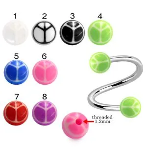 316L Surgical Steel Eyebrow Twisted Barbell With Hand Painted  Peace Sign UV Balls