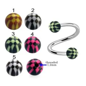 316L Surgical Steel Eyebrow Twisted Barbell With Checked Design UV Balls