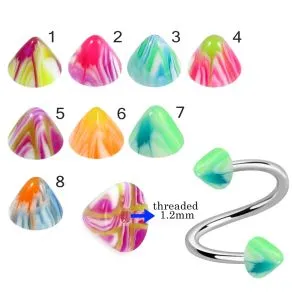 316L Surgical Steel Eyebrow Twisted Barbell With Colorful Marble Design UV Cones