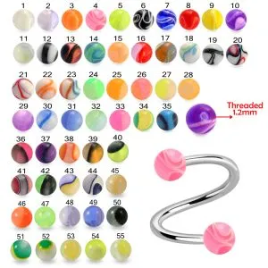 Twisted-Spiral Barbell Red UV Balls Eyebrow and Spiral Lip Rings