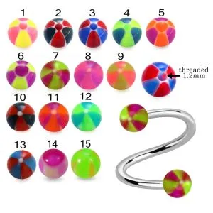 316L Surgical Steel Eyebrow Twisted Barbell With Hand Painted Beach Ball Design UV Balls