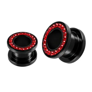 UV Ear Flesh Tunnel in Glue Setting With Red Stones