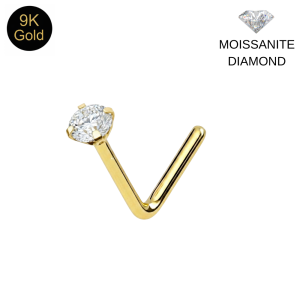 9K Solid Yellow Gold Moissanite Diamond Claw-Set L-Bend Nose Stud | 22G