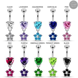 925 Sterling Silver Dangling CZ Floral and Heart Belly ring