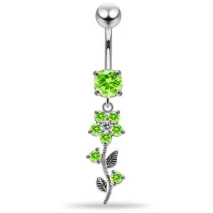 925 Sterling Silver Dangling CZ Flower and Leaf Navel ring