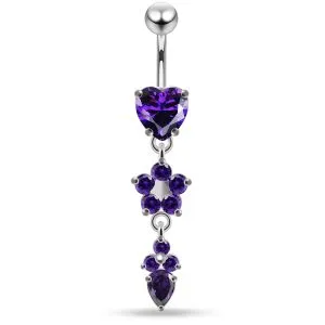 925 Sterling Silver CZ Dangling Flower and Teardrop Belly button ring