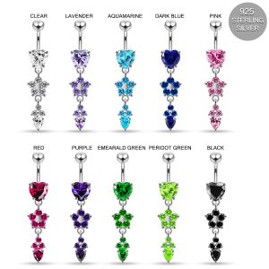 925 Sterling Silver CZ Dangling Flower and Teardrop Belly button ring