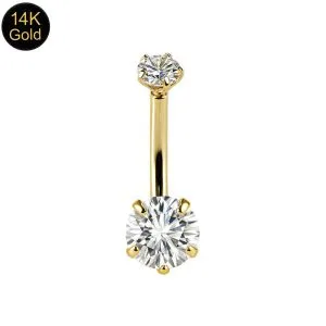 14K Gold Belly Button Ring with Double Clear CZ Gems
