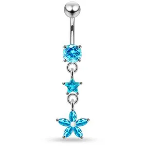 925 Sterling Silver CZ Flower & Star Dangling Belly Ring