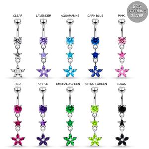 925 Sterling Silver CZ Flower & Star Dangling Belly Ring