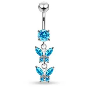 925 Sterling Silver CZ Double Butterfly Dangling Belly Ring