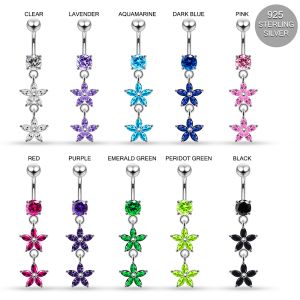 925 Sterling Silver CZ Double Floral Dangling Belly Ring