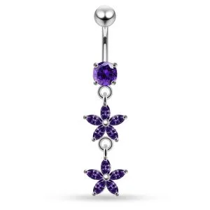 925 Sterling Silver CZ Double Floral Dangling Belly Ring