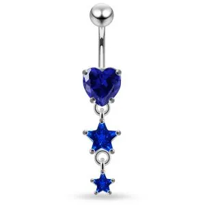 925 Sterling Silver CZ Double Star Dangling Belly Ring