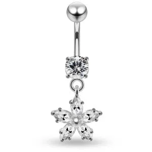 925 Sterling Silver CZ Flower Dangling Belly Ring