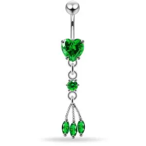 925 Sterling Silver CZ Heart & Triple Gem Dangling Belly Bar