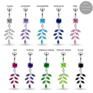 925 Sterling Silver CZ Jeweled Leaf Dangling Belly Button Ring