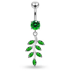 925 Sterling Silver CZ Jeweled Leaf Dangling Belly Button Ring
