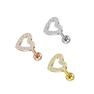 925 Sterling Silver CZ Open Heart Cartilage Tragus Piercing Ear Stud Jewelry