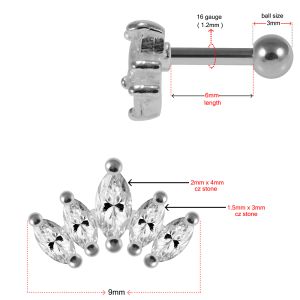 925 Sterling Silver 5 marquise CZ Jeweled Cartilage Tragus Piercing Ear Stud