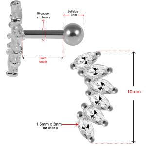 Marquise CZ Jeweled 925 Sterling Silver Cartilage Tragus Piercing Ear Stud