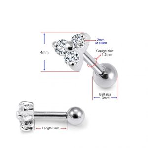 925 Sterling Silver Tri CZ Jeweled Cartilage Tragus Piercing Ear Stud