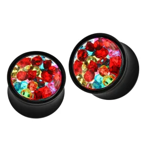 Multi Colored Gems Encased Within a Black Double Flared Ear Plug